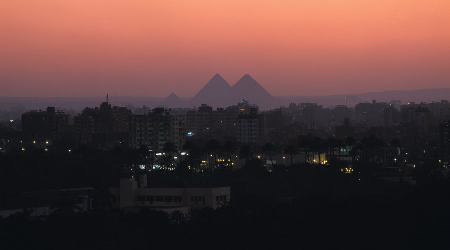 View of the pyramid at night.