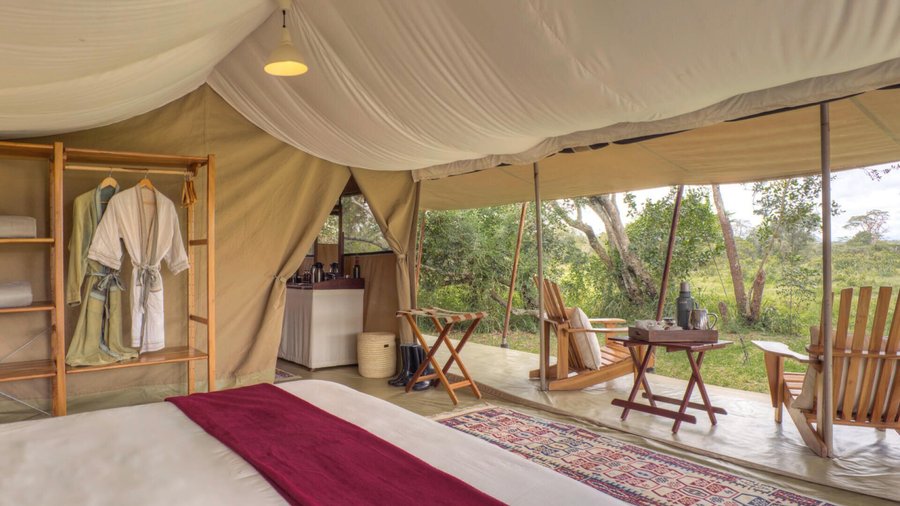 There are seven tents (including one family tent) at Ol Pejeta. Each has an en suite with flushing toilets and hot water bucket showers. Beds are snug with extra blankets and a hot-water bottle slipped in during turndown. The tents have spacious decks where guests can while away a few hours in the afternoon, just listening the sounds of the bush. 