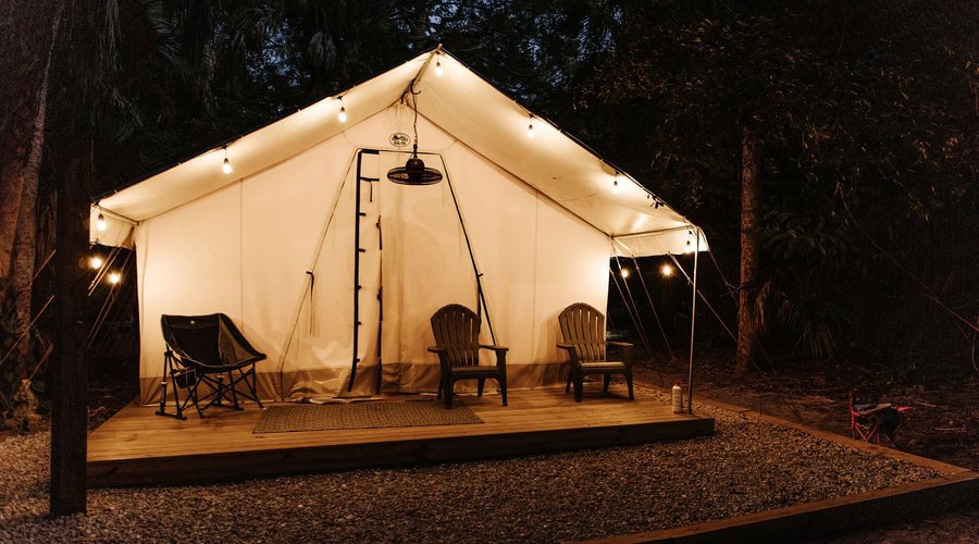 Come camp in style! Glamping in Florida at its best! Explore the historical remnants of the Koreshan Unity Settlement while enjoying the natural beauty of the Estero River. Outdoor activities include canoeing, paddle boarding, kayaking and biking. The playground is there, as well as the dog-friendly atmosphere ensures that everyone in the family can enjoy the experience. After a fun day of adventures come back to your tent and enjoy AC, fresh cup of coffee or iced cold beverages from your fridge
