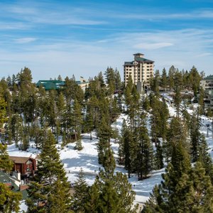 Exterior view of the resorts and snow-covered mountains.