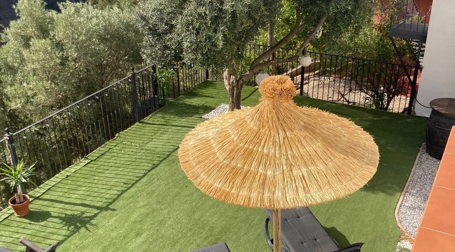 Garden by the pool with sunbeds and parasols.