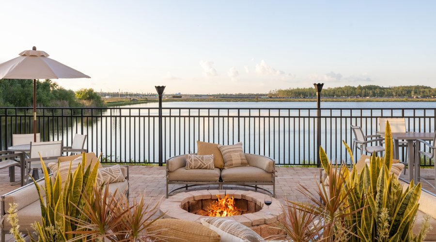 Soak in lake views on our outdoor patio with cozy fire pits.