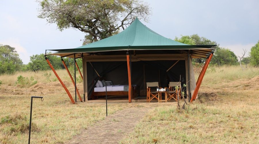 This photo showcases the elegant setup of our luxury tent at Untamed Migration Camps. From the outside, you can see the inviting interior, designed for comfort and style. The path to your tent is illuminated by solar lights, ensuring a safe and pleasant walk to and from your room at night, enhancing your experience in the heart of the Serengeti.