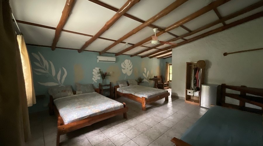 Hotel Entre Dos Aguas, Samara, Costa Rica Room - Heliconia  ... our spacious room for five is ideal for families or groups. This generously-sized accommodation boasts a very large bathroom. Embrace comfort and convenience in this inviting space designed to ensuring a restful and memorable stay for all guests. •	Sleep 4 - 5 •	2 Queensize, Sofa-bed •	Private Bathroom •	Safe •	Shared Kitchen •	35m² •	Air conditioning •	Wi-Fi •	Refrigerator •	Upper Floor 