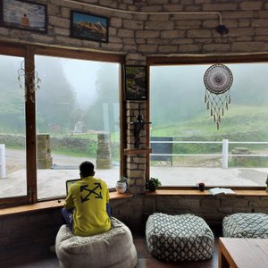 An offbeat stay Situated inside the Binsar Wildlife Sanctuary. The Veeneshwar mandir can see in the background through the window.