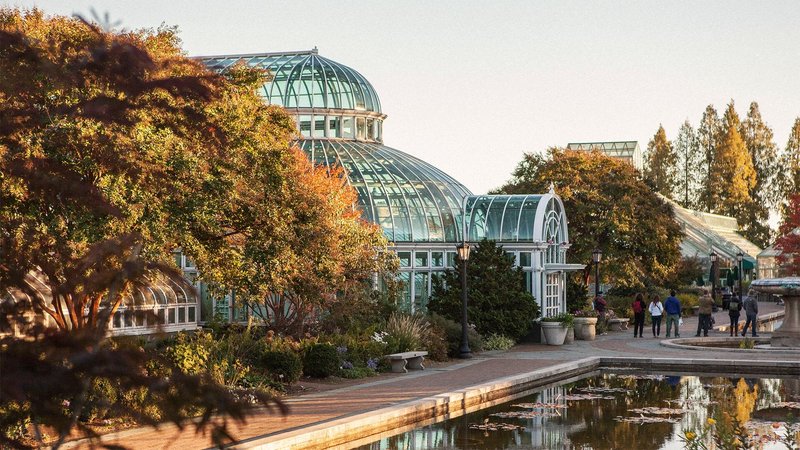 Exterior of Brooklyn Botanic Garden with water features and fall trees