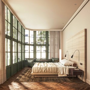 A 50-square-meter room with a smart and functional design to maximize space. All of them have views of our private courtyards.  An elegant and well-planned layout that includes a seating area, a queen or king-size bed with high-quality bedding and fluffy pillows, a dressing room, a lounge, and a workspace.