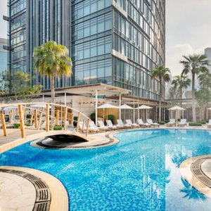 Lagoon-shaped aquamarine pool, located on the 7th floor in a 2000sqm dec