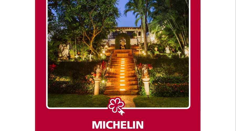 Michelin One Key Rating ...surrounding a photo of the night in the garden. Peace and tranquility abound at the Hacienda.