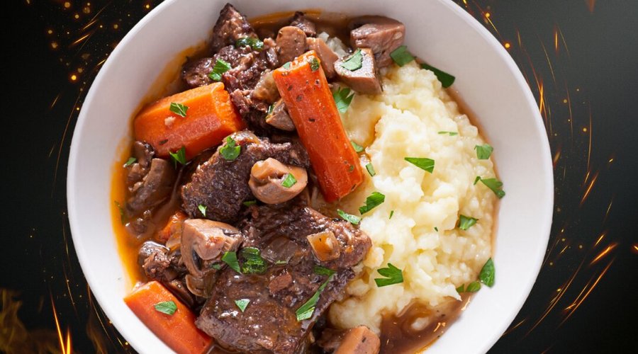 Le bœuf bourguignon est un plat traditionnel français, originaire de la région de Bourgogne, connu pour son riche goût et son procédé de cuisson lent. C’est un ragoût de bœuf mijoté longuement dans du vin rouge avec des légumes bio et des aromates locales sur Sainte Marie même, ce qui donne une sauce savoureuse et parfumée.