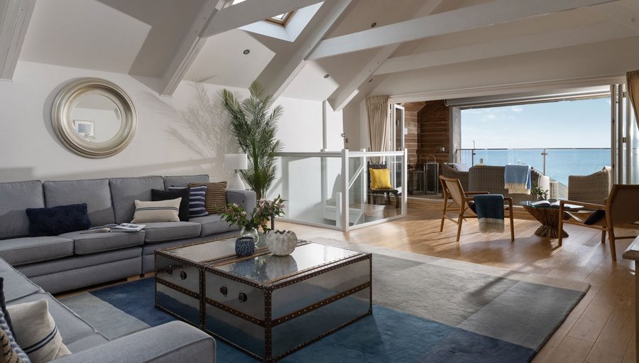 Slipway's living area and private balcony overlooking Porthmeor Beach.