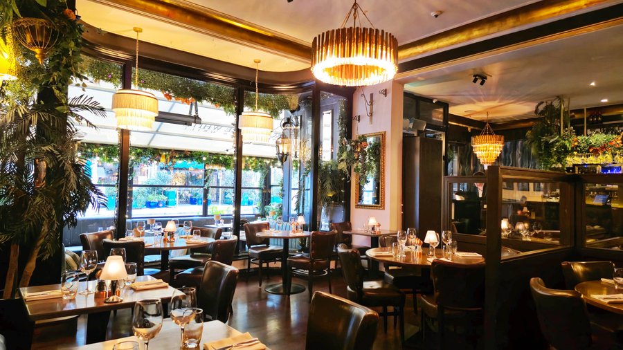 The elegant interior of Marco Pierre White Steakhouse & Grill Dawson Street features warm lighting, lush greenery, and stylishly set tables, creating a cosy and luxurious fine dining atmosphere in Dublin.