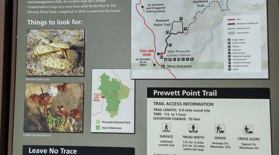 Trailhead marker for the Prewett Point Trail in Pinnacles National Park, California, USA