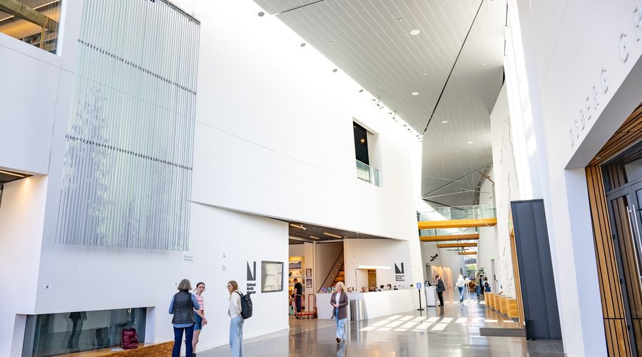Project Aurora, an LED light installation programmed to undulate like the Northern Lights, hangs in the entrance to the National Nordic Museum.