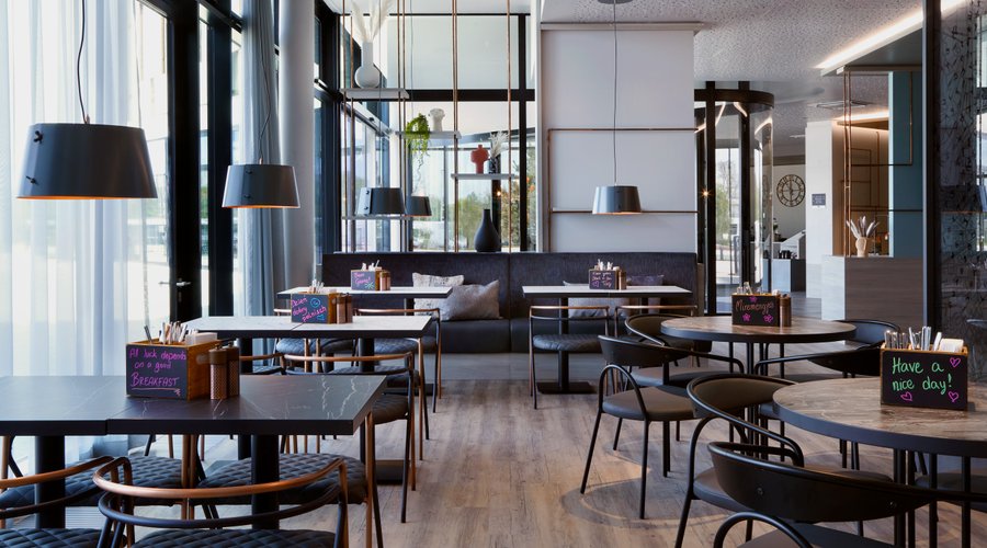 Seating area of the restaurant with free WiFi.