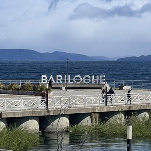 Sign on water of the sign for the city of Bariloche. You have to run out and take a photo.