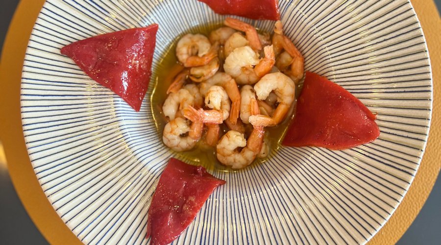 Gambas Pil-pil con pimientos.