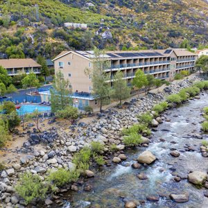 The Wild and Scenic Merced River rushes alongside Yosemite View Lodge. 