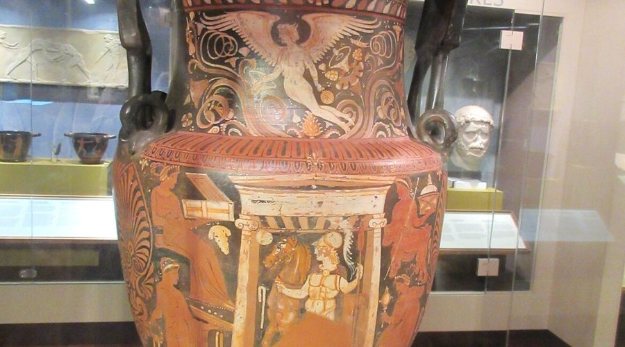 Apulian red-figure volute-krater, ca. 330-320 BCE, designed to be a grave marker or to hold the ashes of the deceased.