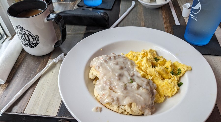 Biscuits, gravy and scrambled eggs 