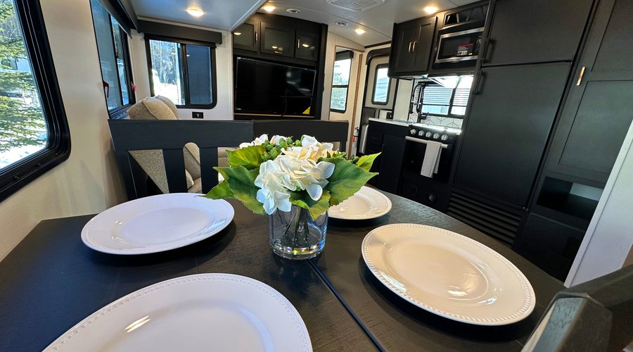 A Luxury RV for nightly rental dining area.