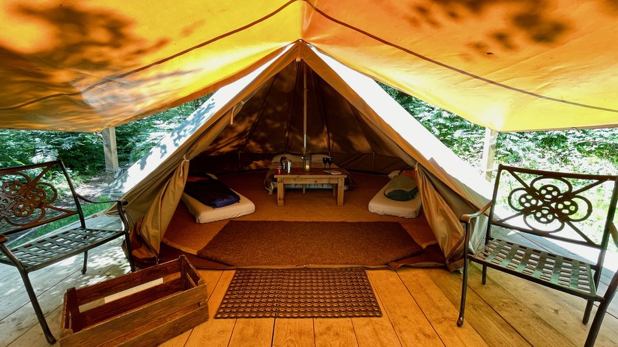 Interior of 'Wild Glamping' Bell Tent at Beech Estate Campsite