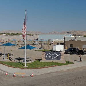 Elevated view of the main south entrance with the Office/C-store to the right.