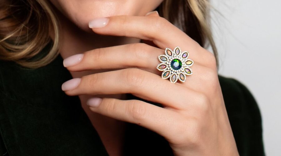 Designed by Dr Renata Bernard Natural Untreated Australian Black Opal Ring Crafted in 18K White and Yellow Gold and Decorated with Crystal Opals 