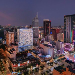 Hotel building aerial view in downtown Saigon