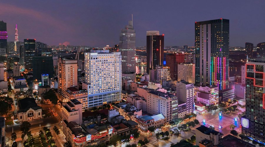 Hotel building aerial view in downtown Saigon