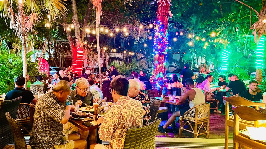 Outdoor dining terrace at Rockas Jamaican Kitchen 