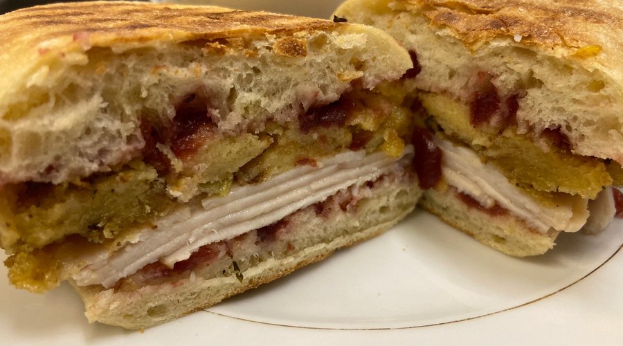 Turkey panini with apricot stuffing & cranberry sauce