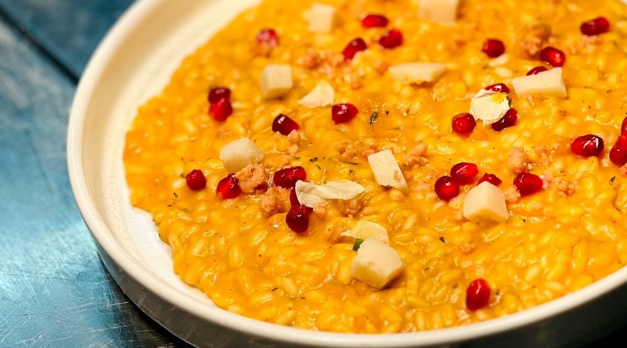 Roasted pumpkin risotto with goat cheese