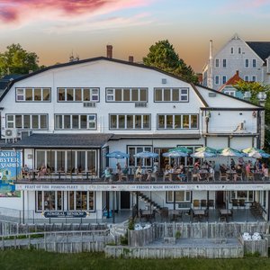 The dockside building, taken with a drone on a summer day.
