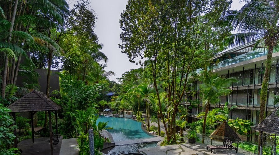 In the resort's heart, where waters cleam, The pool and trees in harmony's dream.
