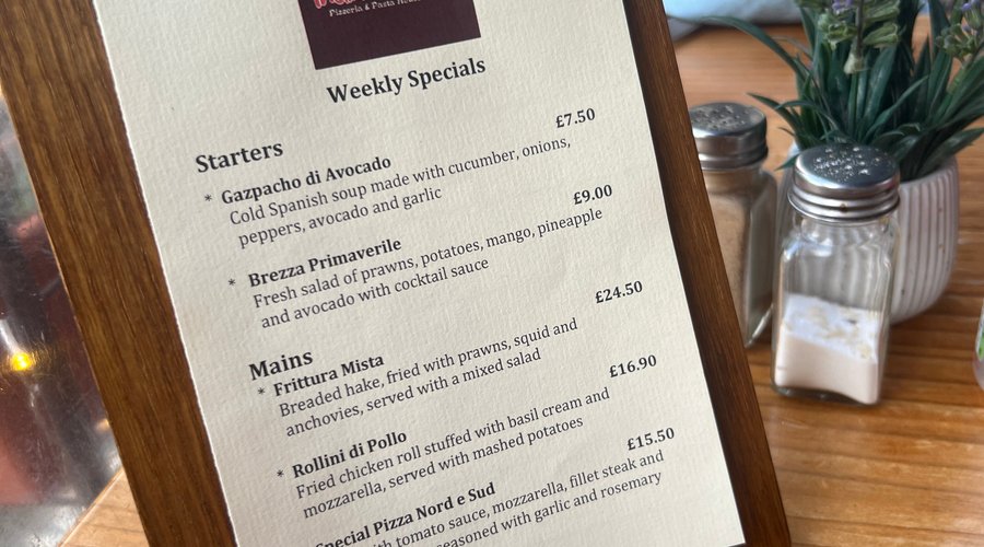Weekly special menu. Pizza nord e sud was delicious 
