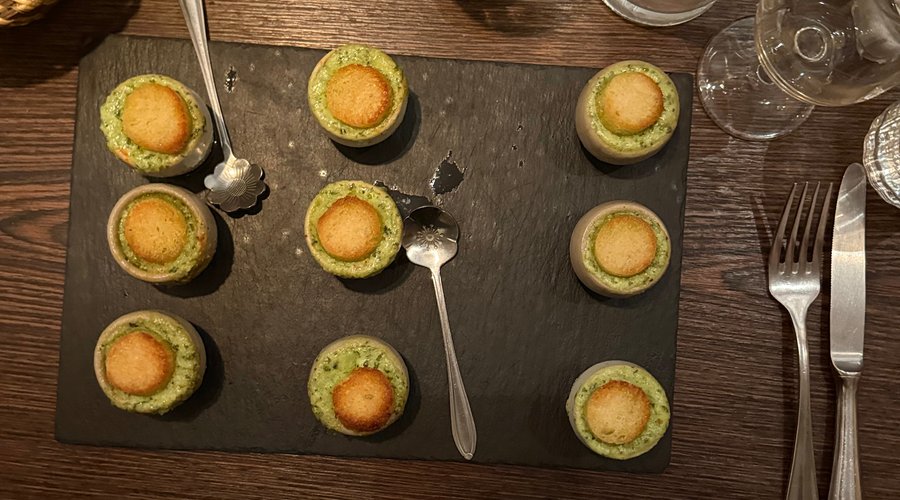 Escargots in mini cups with a crouton topper. Divine.