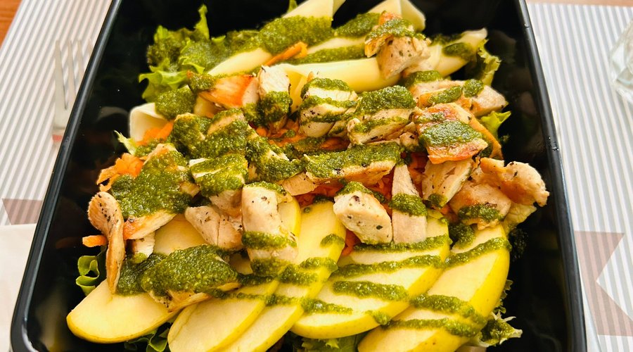 Super yummy apple chicken cheese pesto salad.