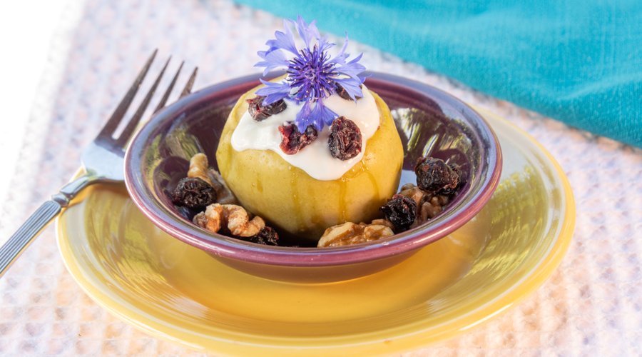 Gourmet 3-course breakfast is served to guests every morning, always included!  Our Baked Apple is filled with walnuts, cranberries, spices.