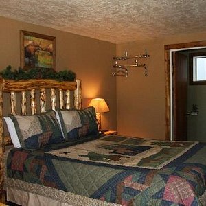 Evergreen Motel in West Yellowstone, image may contain: Table Lamp, Lamp, Cushion, Antler